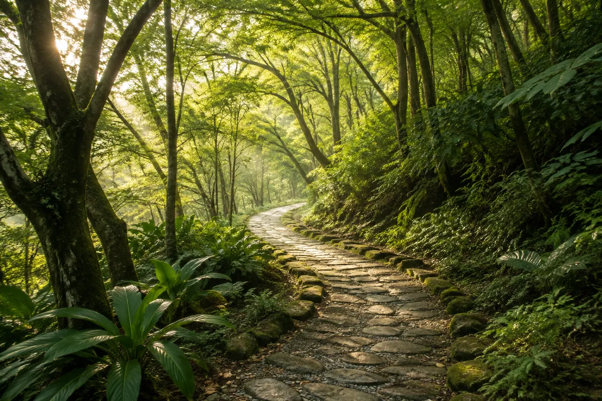 晨光穿過綠色樹冠,照亮向林間延伸的石板小徑。